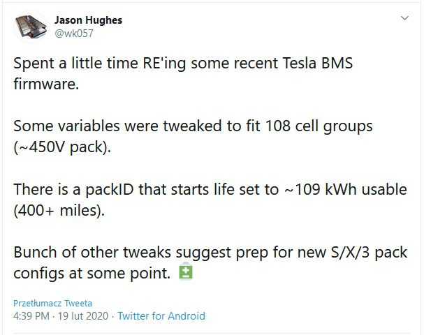 Хакер: В Tesla идет новый аккумулятор. Полезная мощность ~ 109 кВтч, дальность более 400 миль / 640 км