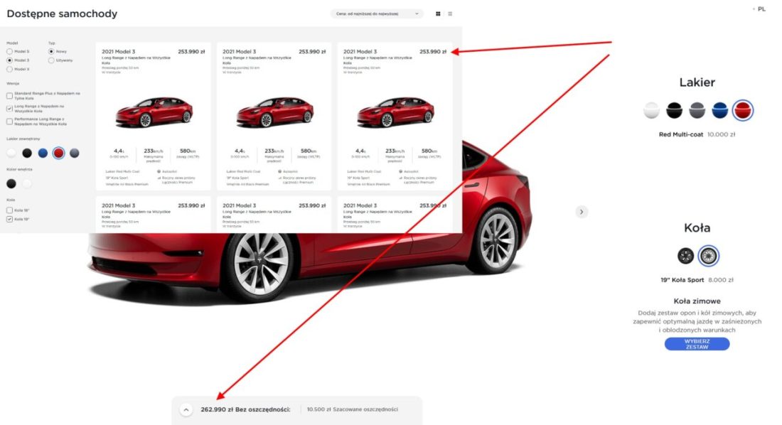 Tesla дает скидки: Model 3 LR «в пути» дешевле на 9 злотых. Возможно все существующие конфигурации