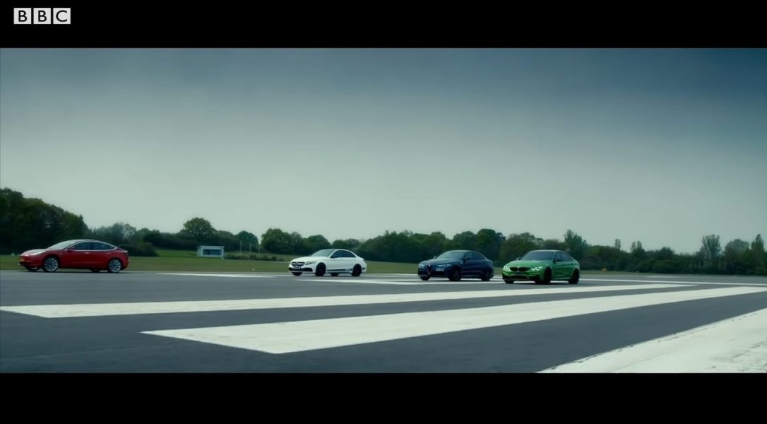 Tesla Model 3 против BMW M3, AMG C63 S и Alfa Romeo Quadrifoglio на трассе и 1/2 мили. Вот и все! [Top Gear, видео]