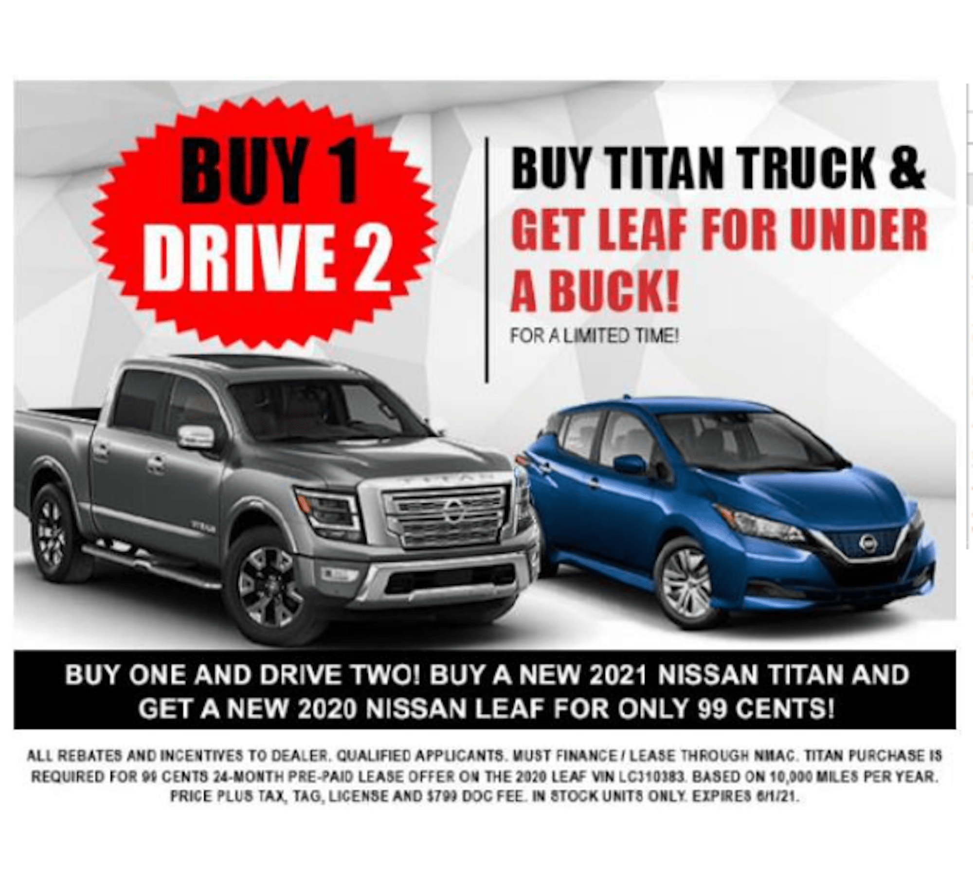 Pērkot Titan, Nissan izplatītājs piedāvā Leaf līzingu par 99 centiem.
