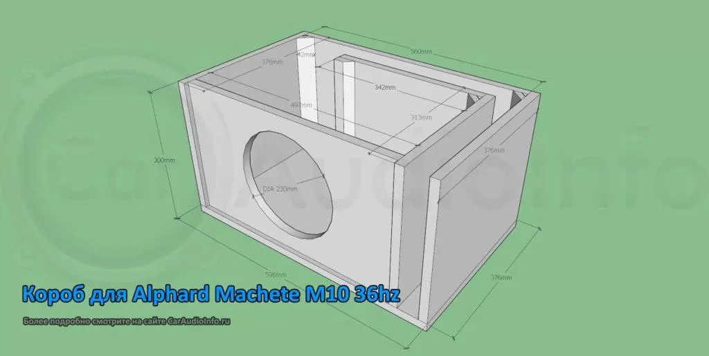 Короб с утопленой лицевой стороной для сабвуфера Alphard Machete M10 с настройкой порта 36Hz