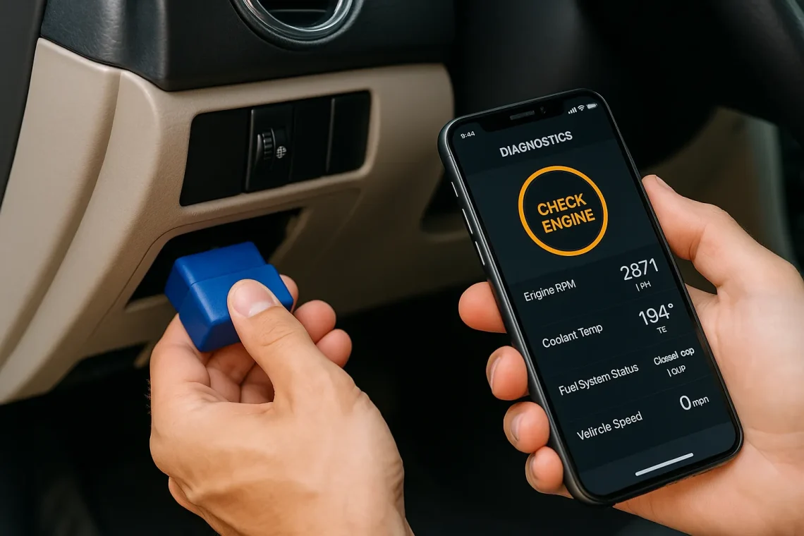 Рука подключает синий OBD2-сканер к разъёму в автомобиле, рядом — смартфон с приложением диагностики и ошибкой Check Engine на экране